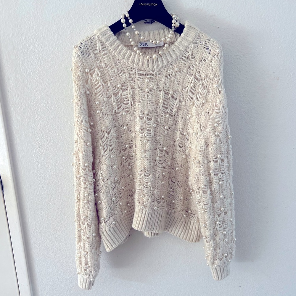 ZARA Pearl Studded Sweater Cream Tan Knit